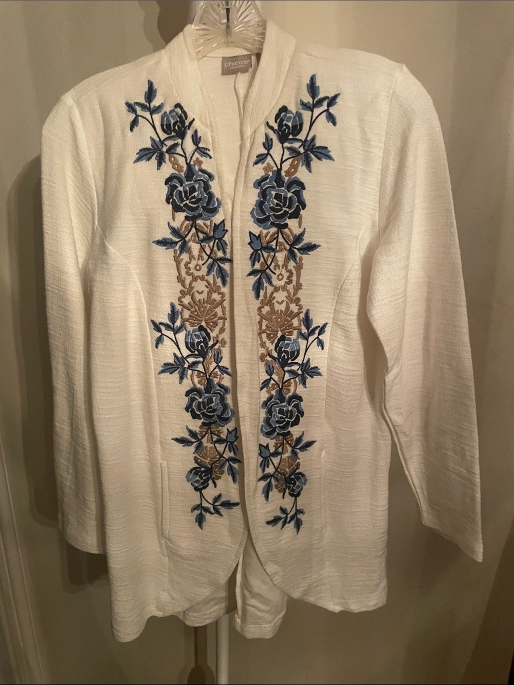 Embroidered White Open Front Jacket with Blue Floral Trim